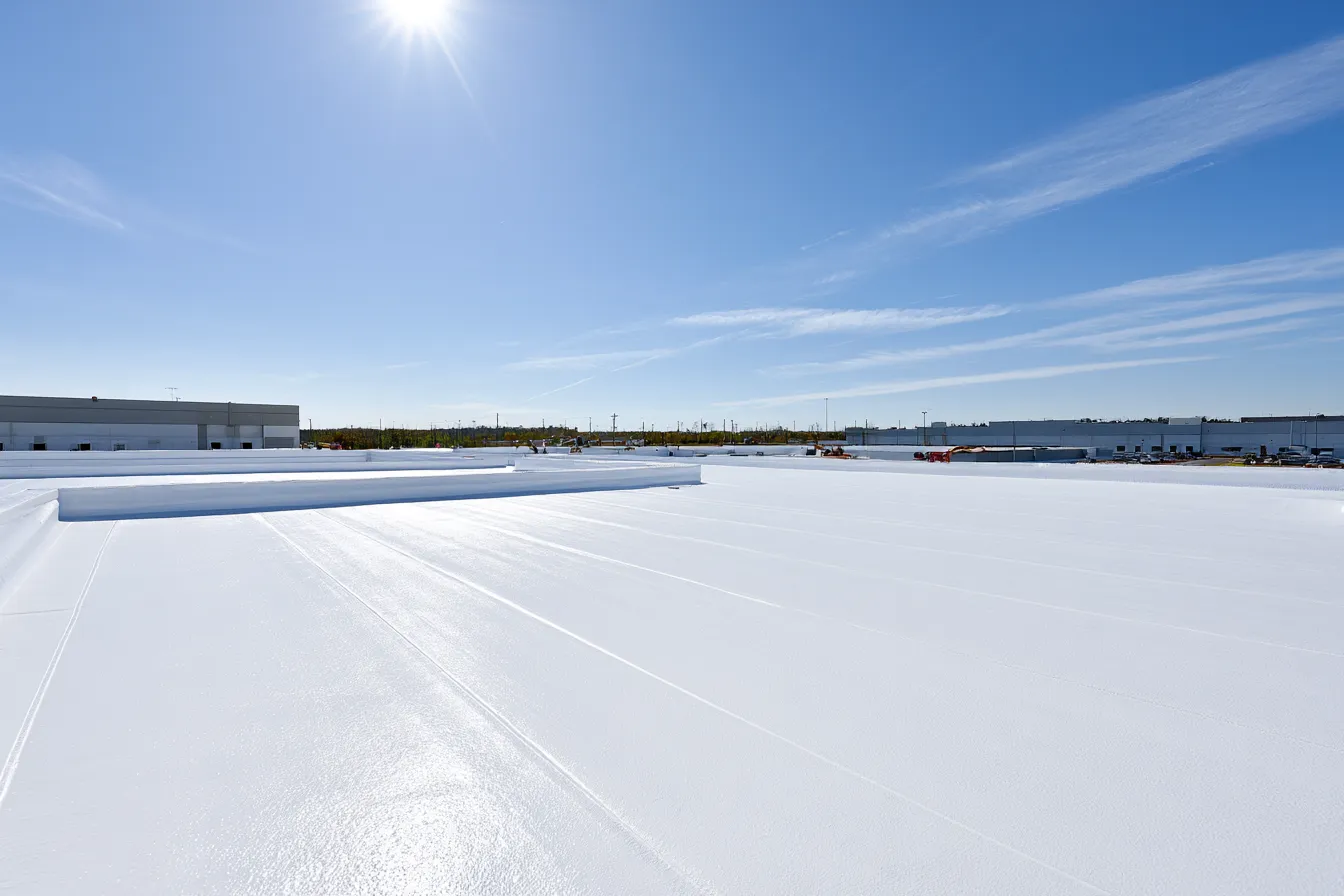 Distant buildings sit beyond a wide white coated flat roof under bright sky