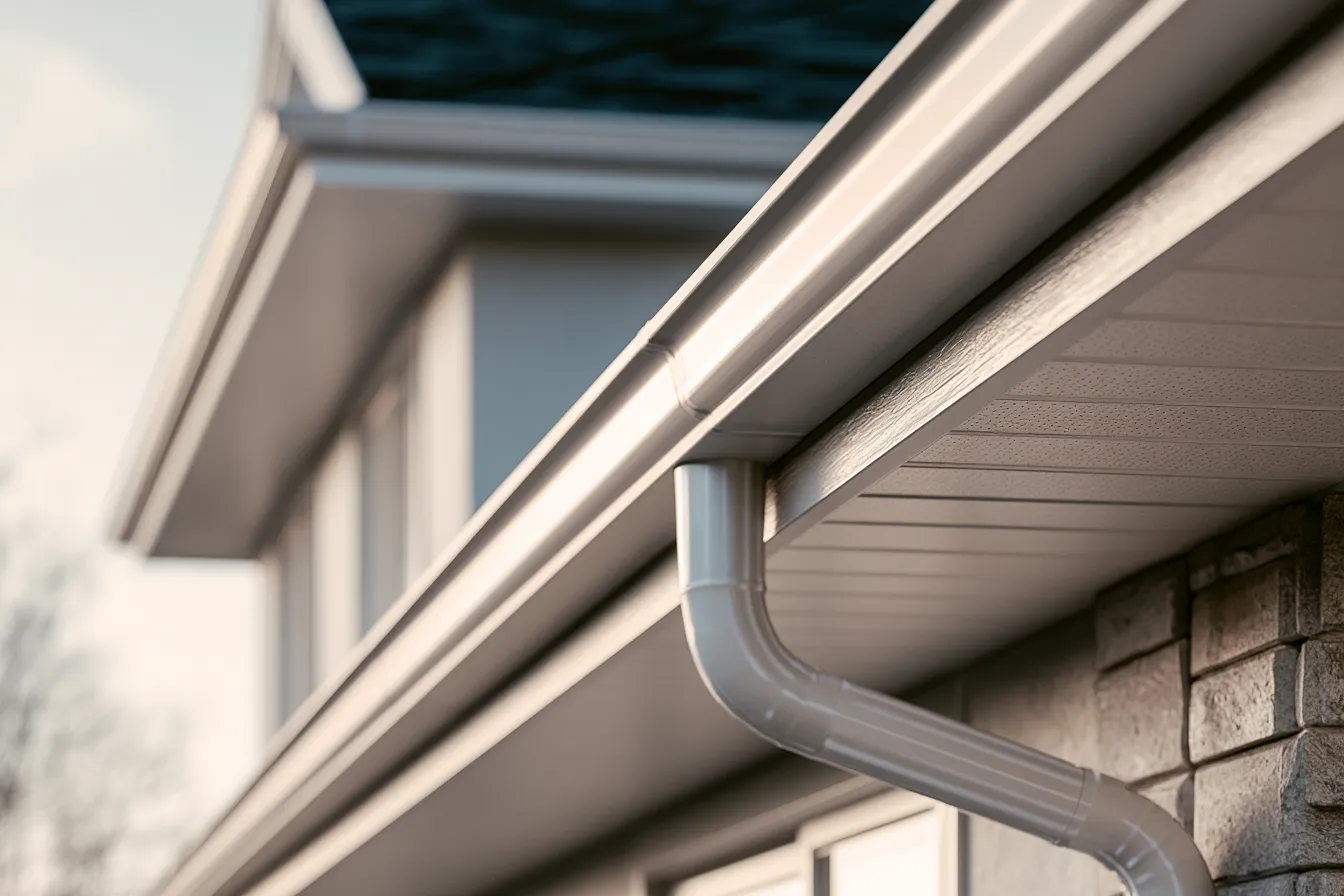 Stone accented corner wrapped by a beige gutter and downspout