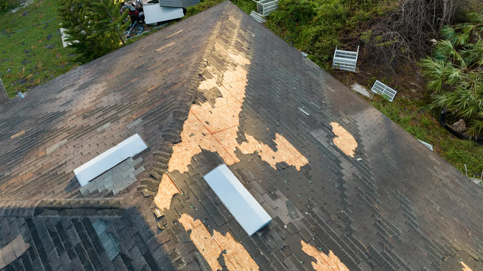 Bare decking exposed along the ridge of a shingle roof